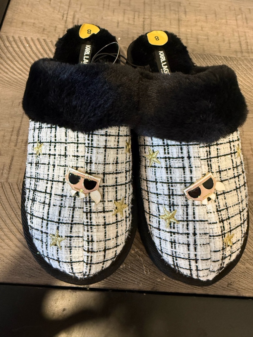Karl Lagerfeld Kids Black & White Tweed Slippers with Gold Star and Enamel Charm